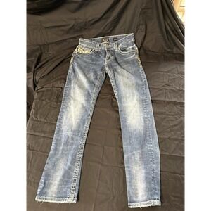 Buckle Black Straight Leg mens Blue Denim Jeans Button Embroidered 5-Pocket